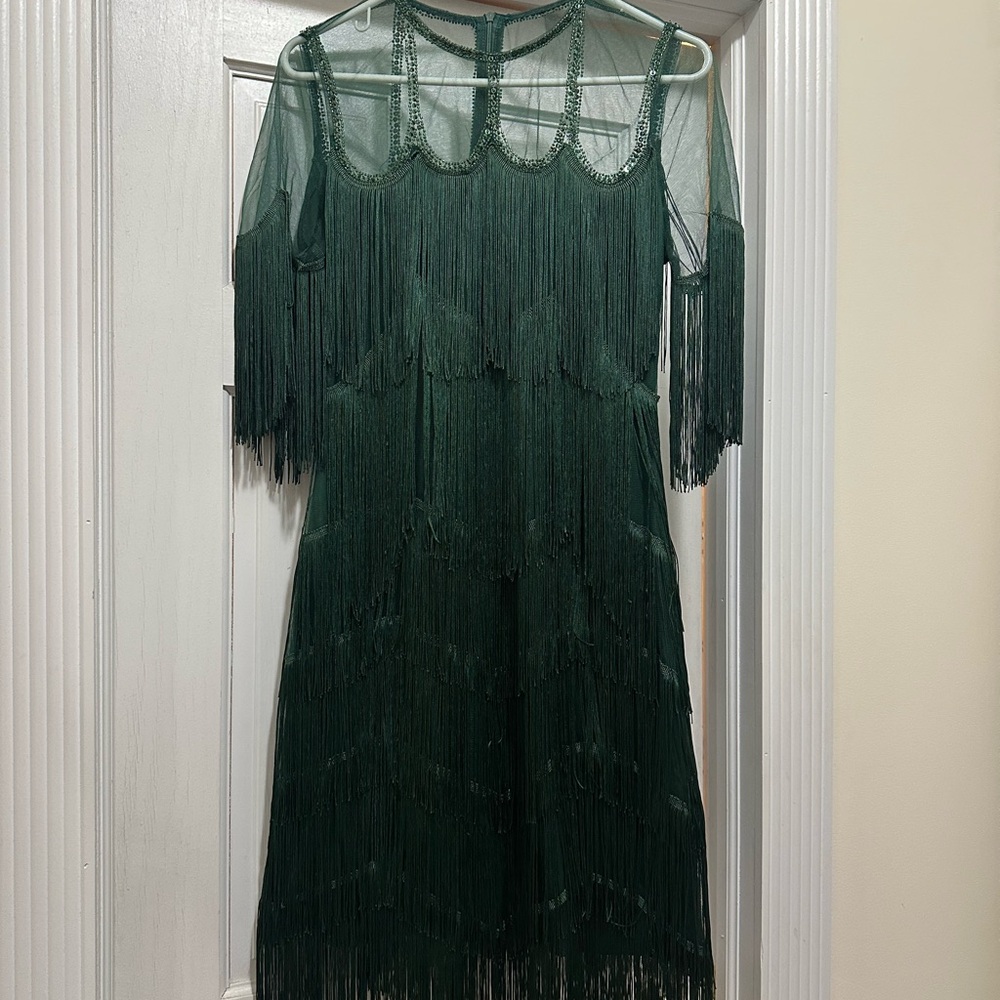 Chic Forest Green Fringe Mini Dress